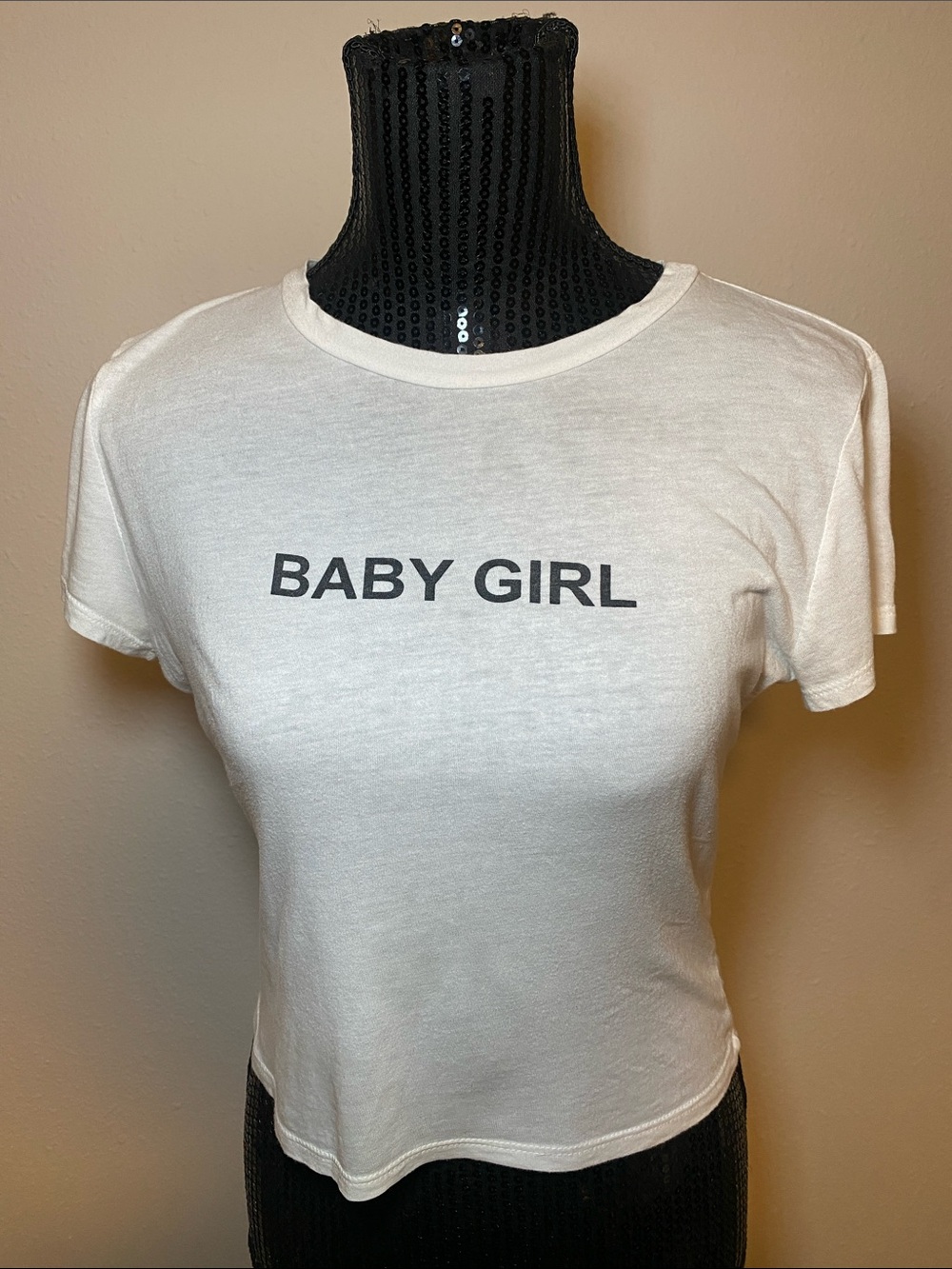 White Tee with 'BABY GIRL' Graphic in black for women